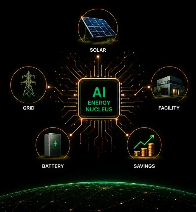 AI Energy Nucleus connecting solar, grid, battery, facility and savings